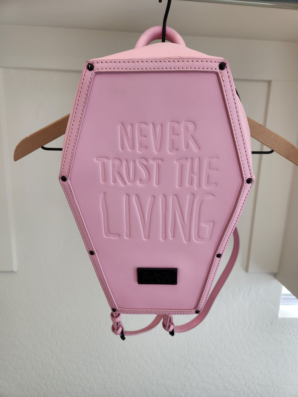 Blackcraft Cult Pink Coffin-Shaped Backpack - "Never Trust The Living" NWT